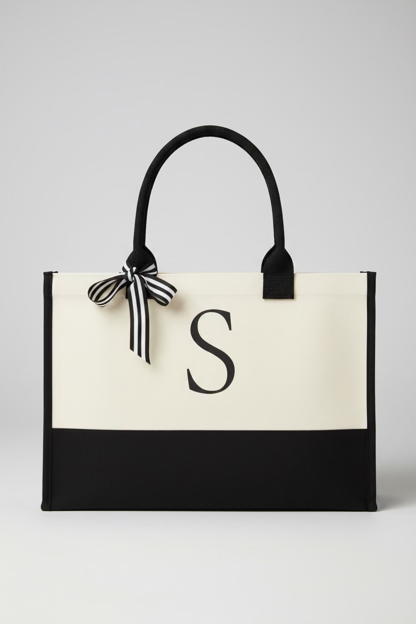 Black and white tote bag with a letter 'S' on a wooden surface