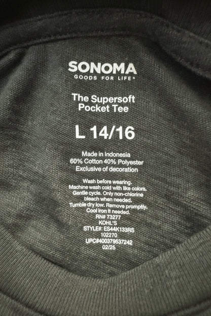 Close-up of the inner neck label of a dark gray Sonoma pocket tee, showing size L 14/16 and product details.