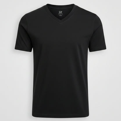 Close-up of a black Gap sweatshirt with branding details.
