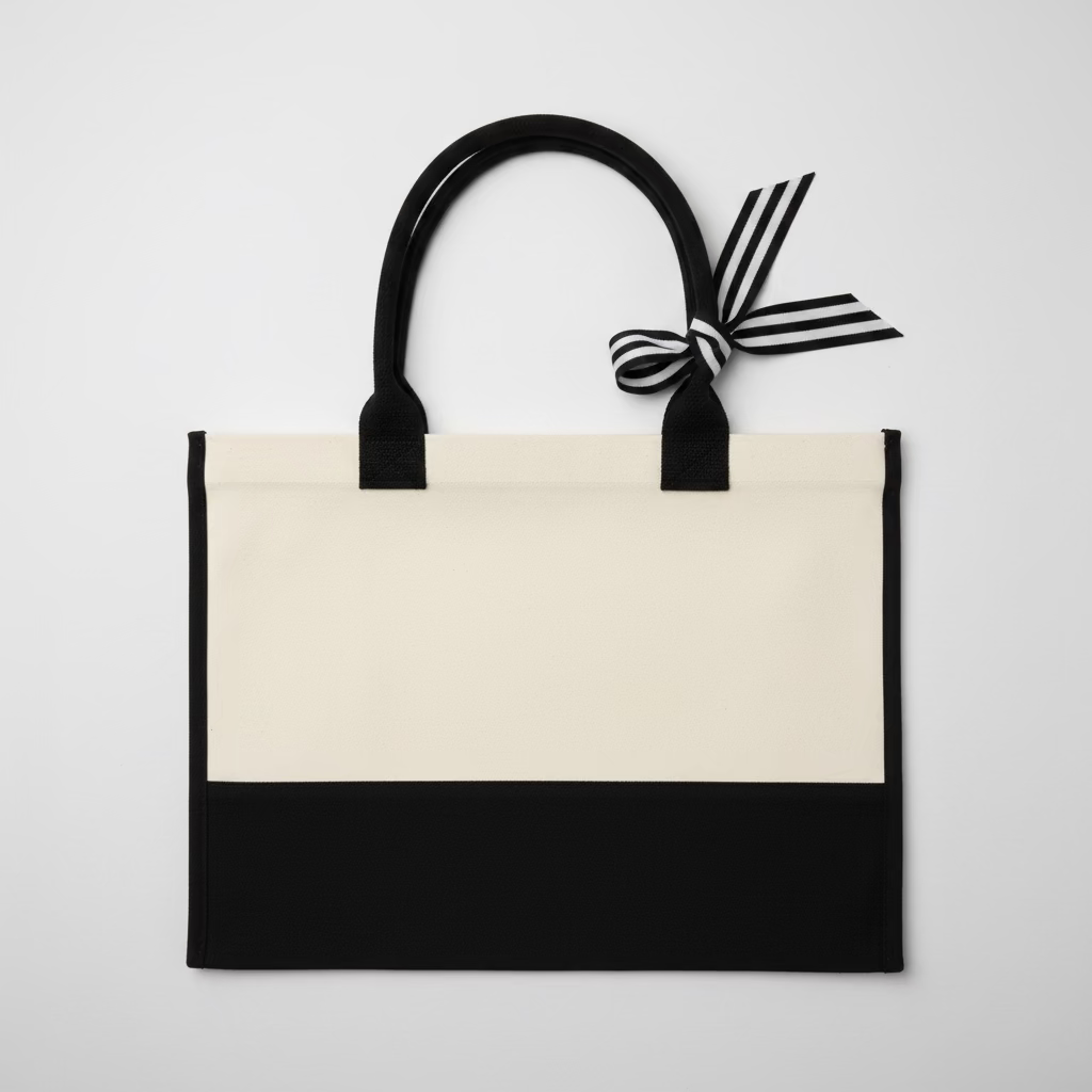 Navy and white tote bag on a wooden surface