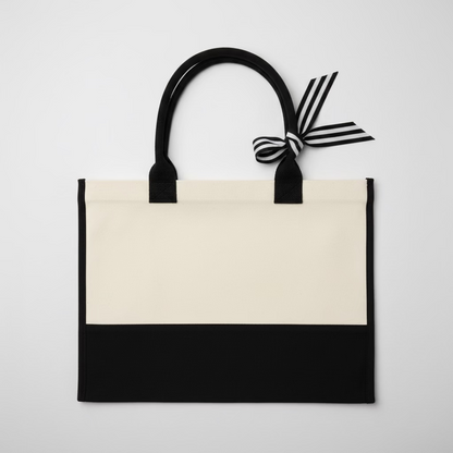 Navy and white tote bag on a wooden surface