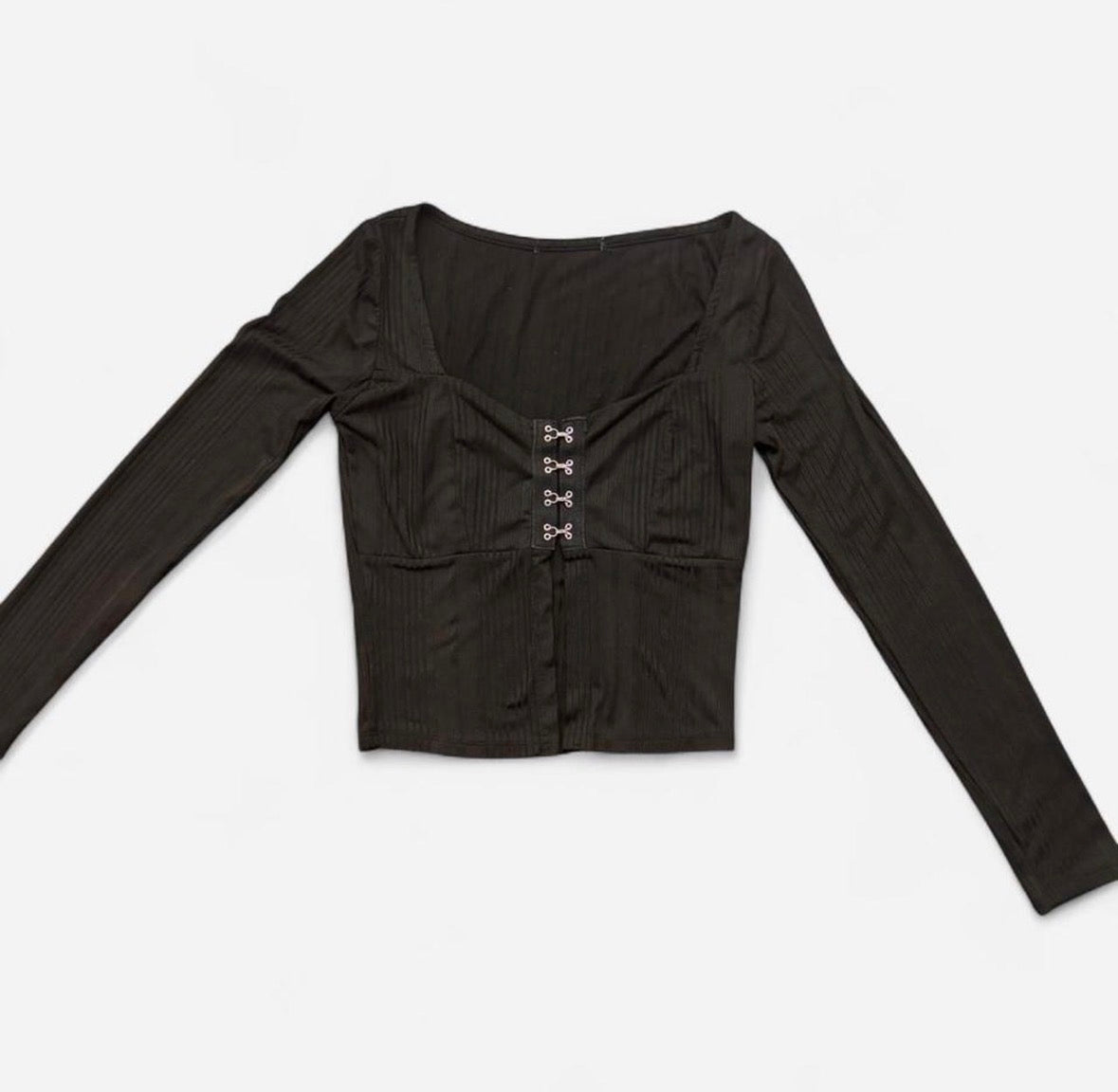 Boohoo Black Long Sleeve Hook & Eye Ribbed Top Size Small