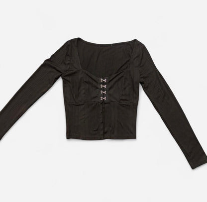 Boohoo Black Long Sleeve Hook & Eye Ribbed Top Size Small