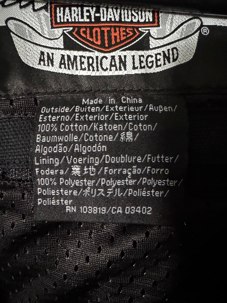 Harley-Davidson label on a product with text and branding details.