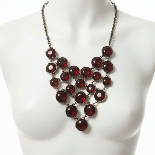 Vintage Glowing Red Cabochon Lucite Lattice GV9 Mesh Bib Necklace 16”