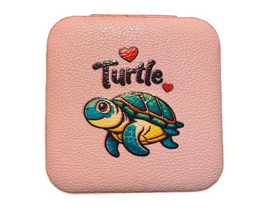 Pink Sea Turtle Travel Jewelry Case – PU Leather Zipper Organizer Box – Portable