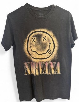 Vintage NIRVANA Style Faded Black T-shirt Smiley Face Distressed - Size S