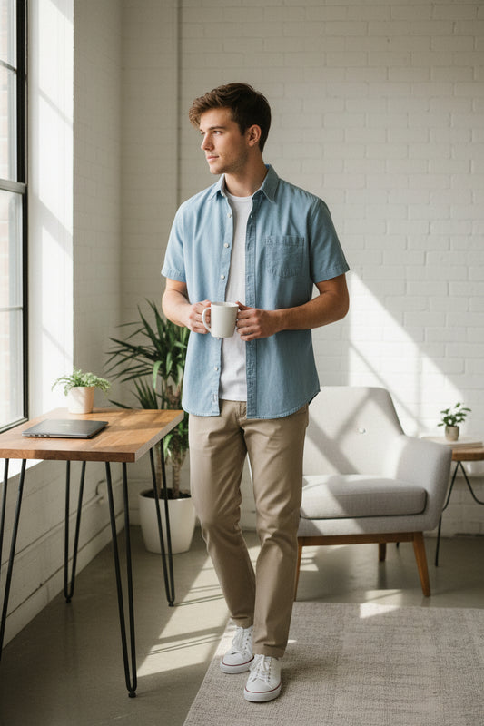 A light blue chambray short-sleeve button-up shirt hanging on a black hanger against a white paneled door.