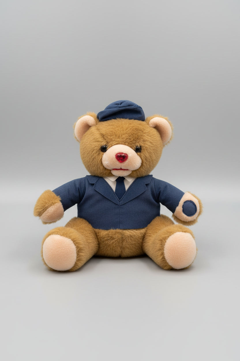 Teddy bear dressed in a blue uniform with a cap on a dark surface