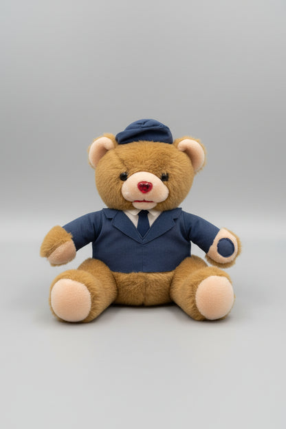 Teddy bear dressed in a blue uniform with a cap on a dark surface