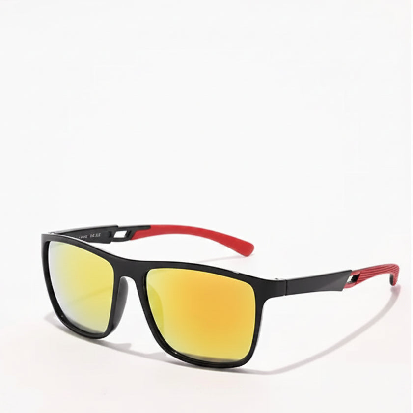 Sunglasses with black frame and yellow-tinted lenses on a white background