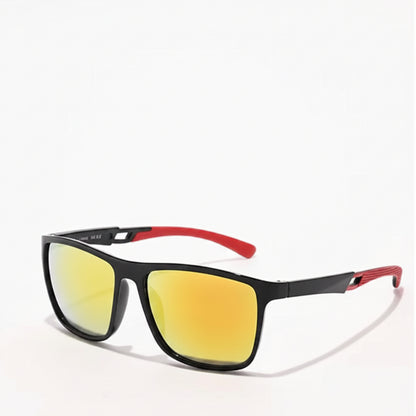 Sunglasses with black frame and yellow-tinted lenses on a white background