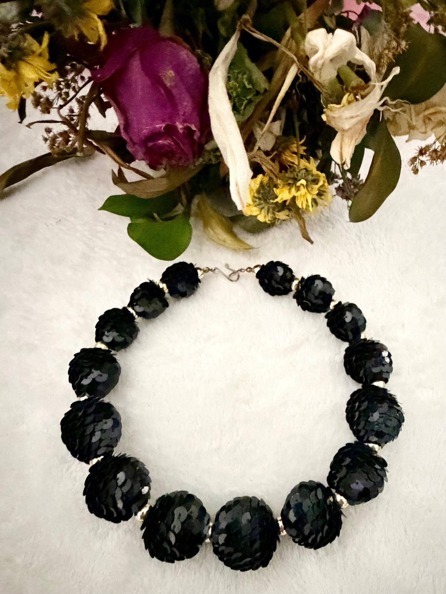 Vintage Mid Century Black Sequin Bubble Bead Choker Necklace Hollywood Regency Glam