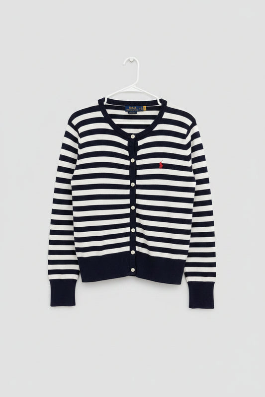 Navy and white striped sweater on a hanger against a neutral background