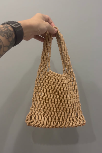 NWOT Small Brown Macrame Cotton Rope Woven Handbag Open Knit Boho Beach Tote Bag