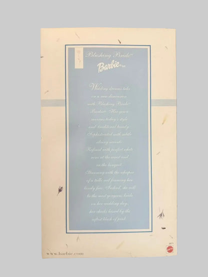 A boxed Barbie product package photographed from above on a light wood surface. The front shows a cream outer box with a large pale blue central panel containing white text and decorative script.