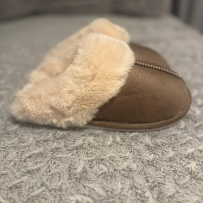 Women's Slide-On Shearling Suede Slippers Chestnut Size 9-10