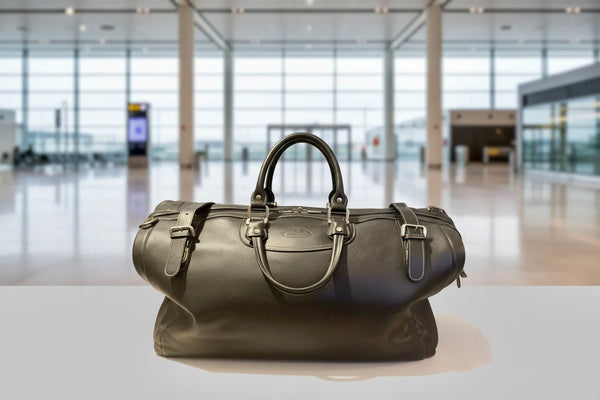 Black leather duffel bag on a white surface with a blurred indoor background