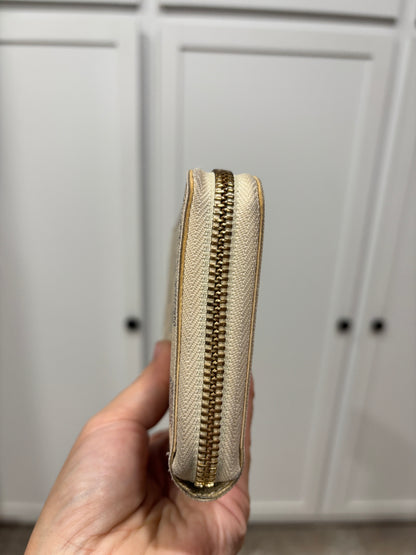 Gold zippered wallet held by a hand against a neutral background