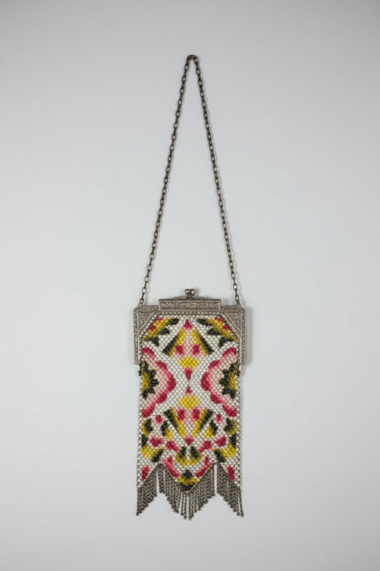 Antique Art Deco Glass Micro Beaded Victorian Purse Fringe Handbag