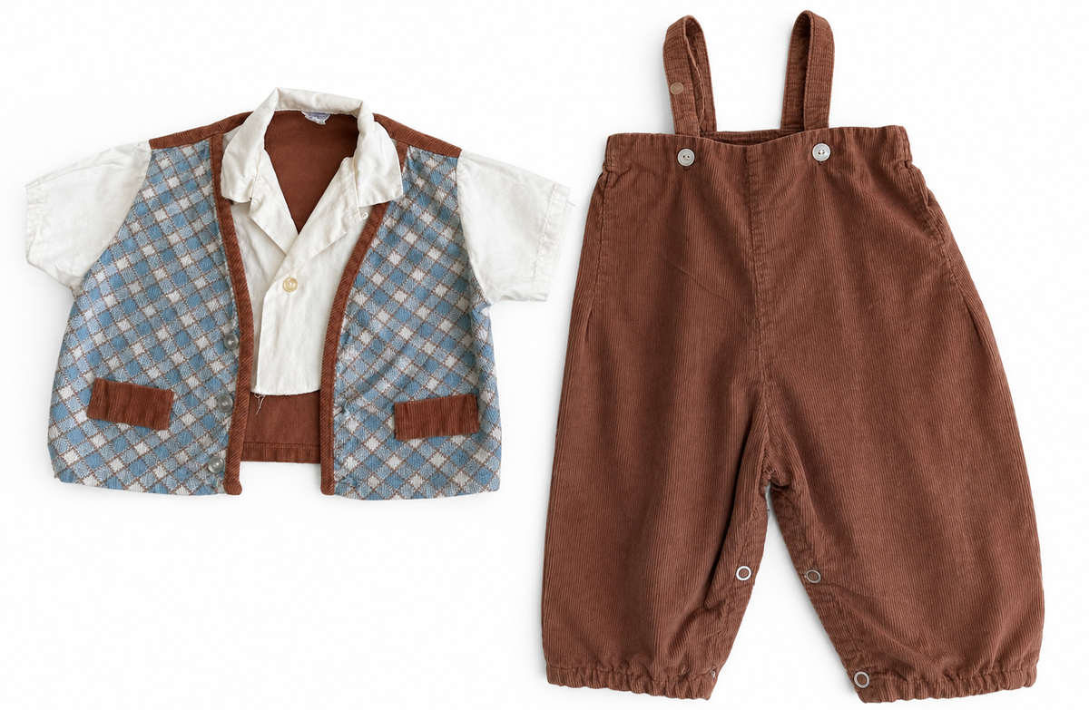 A baby clothing set featuring a brown corduroy overall-style romper with shoulder straps and a matching quilted vest layered over a white shirt, laid flat on a white background.