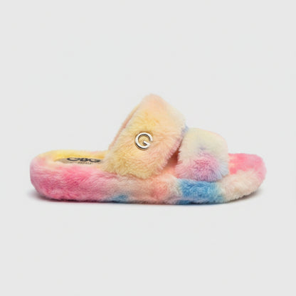 Pastel-colored slippers with 'GBG' branding on a gray background