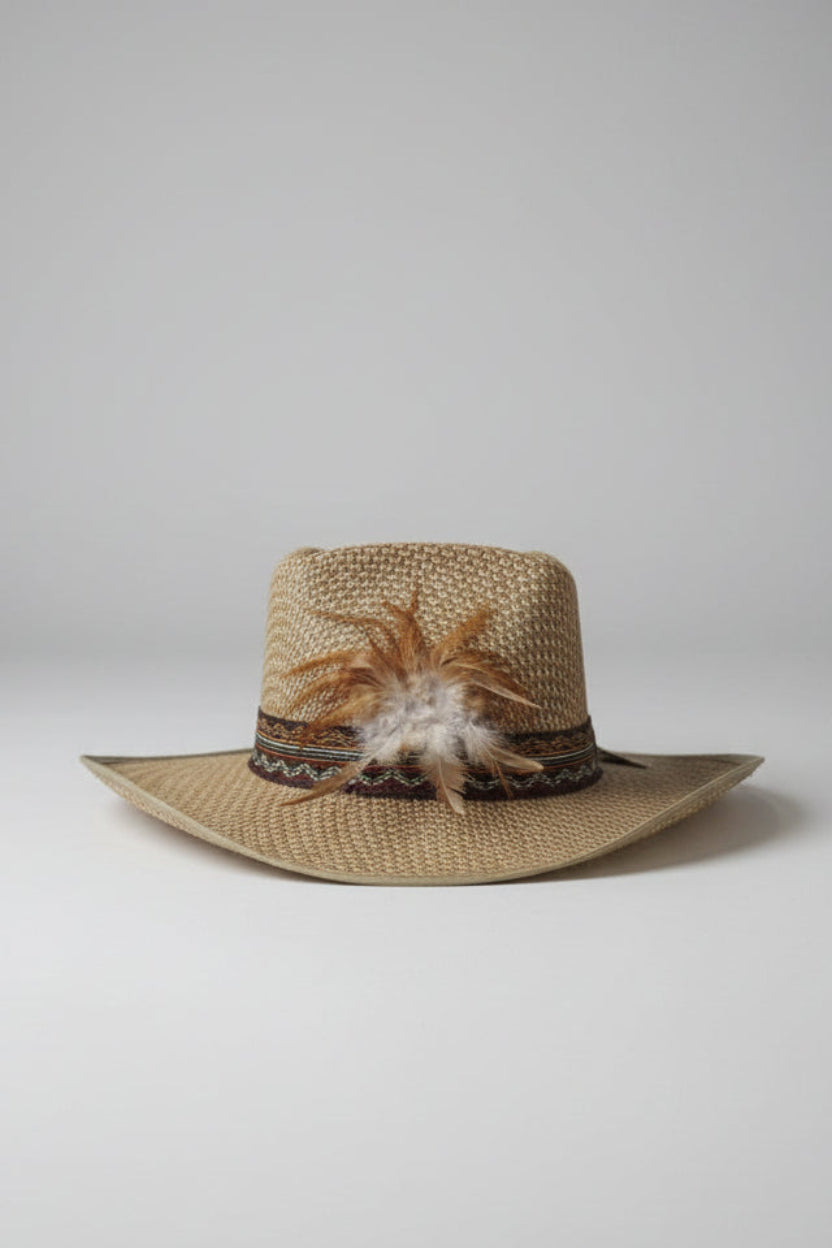 Straw hat with feather detail on a carpeted floor