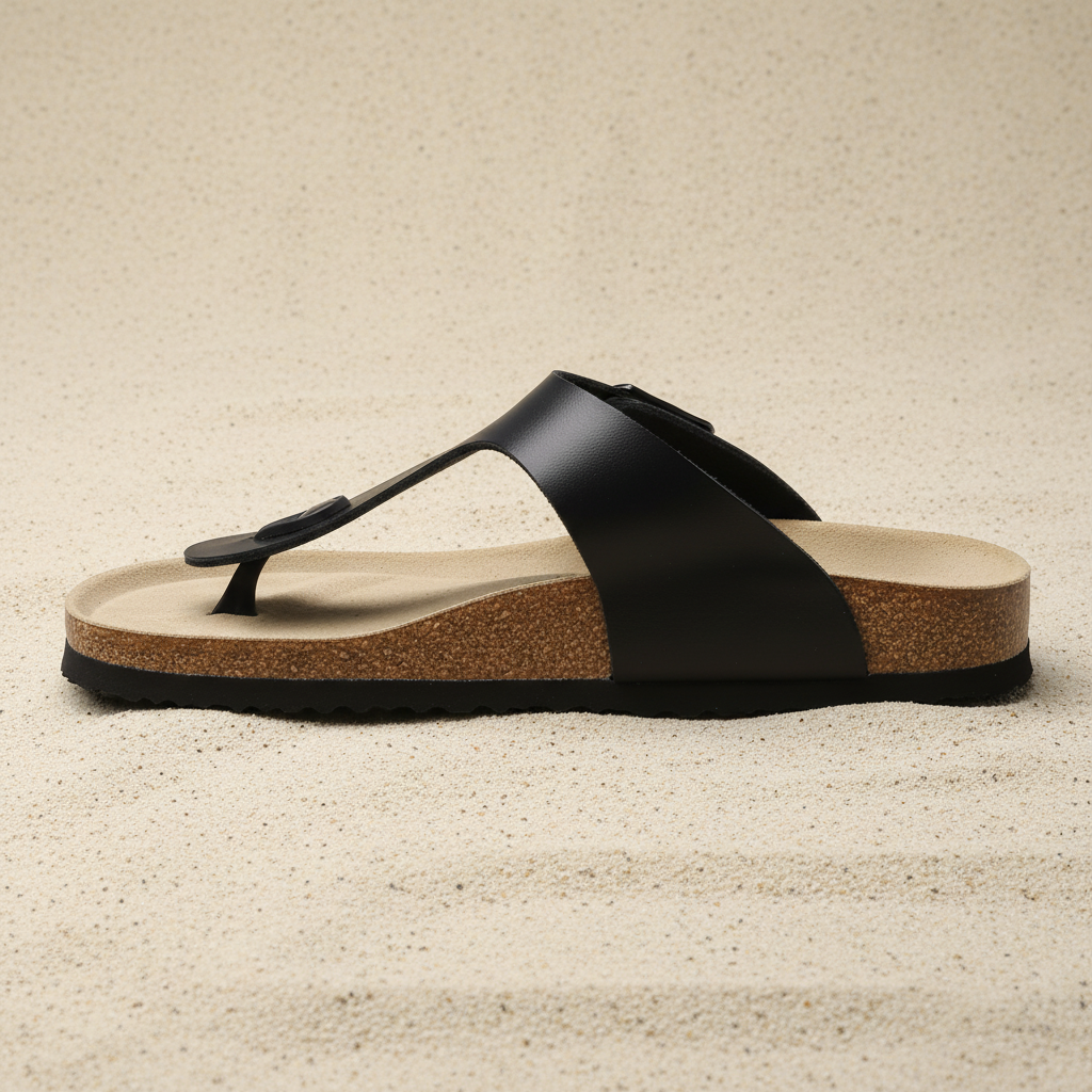 Black sandal with a cork insole on a white background