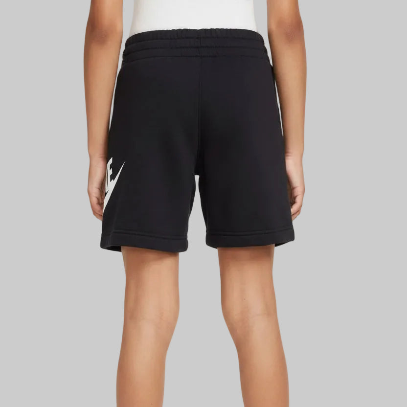Black athletic shorts with a white Nike logo on the left leg, shown from the back on a model against a light gray background.