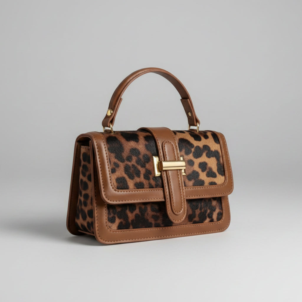 Leopard print handbag with brown accents on a textured surface