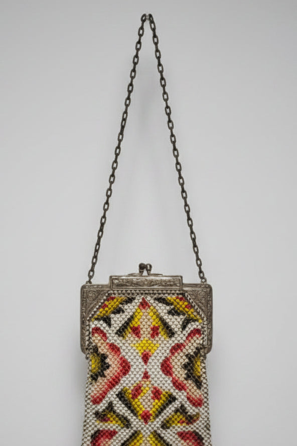 Antique Art Deco Glass Micro Beaded Victorian Purse Fringe Handbag
