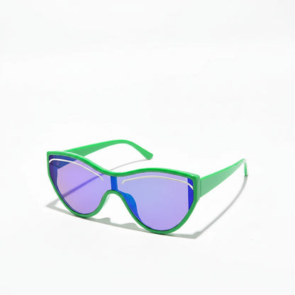 Sunglasses with green frame and purple lenses on a white background
