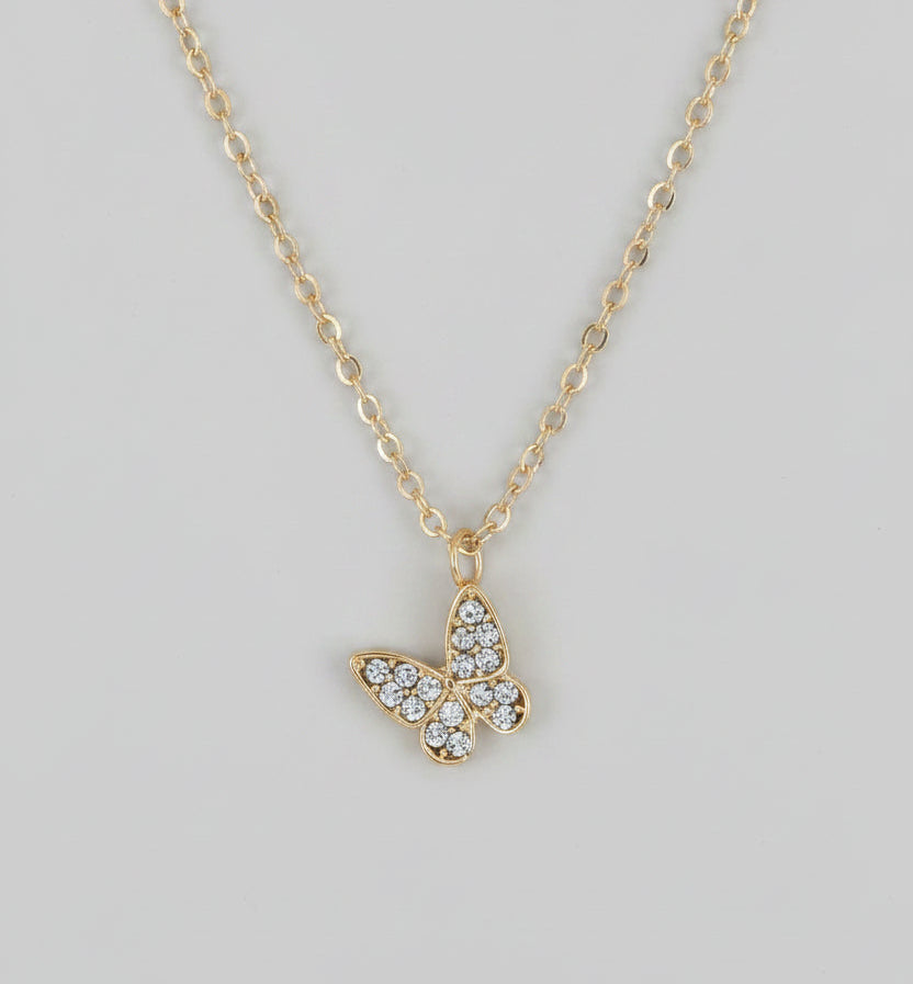 Gold Tone Double Layer Butterfly Pendant Necklace 14" Rhinestone Pave Chain