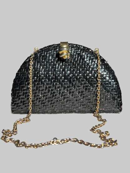 Vintage 80s Vanessa Black Woven Basket Weave Evening Clutch Crossbody Bag
