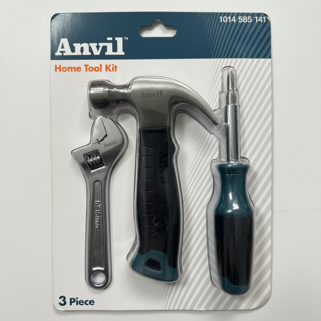 Anvil 3-piece home tool kit in retail blister packaging, containing a claw hammer, adjustable wrench, and flathead screwdriver on a carpeted floor.