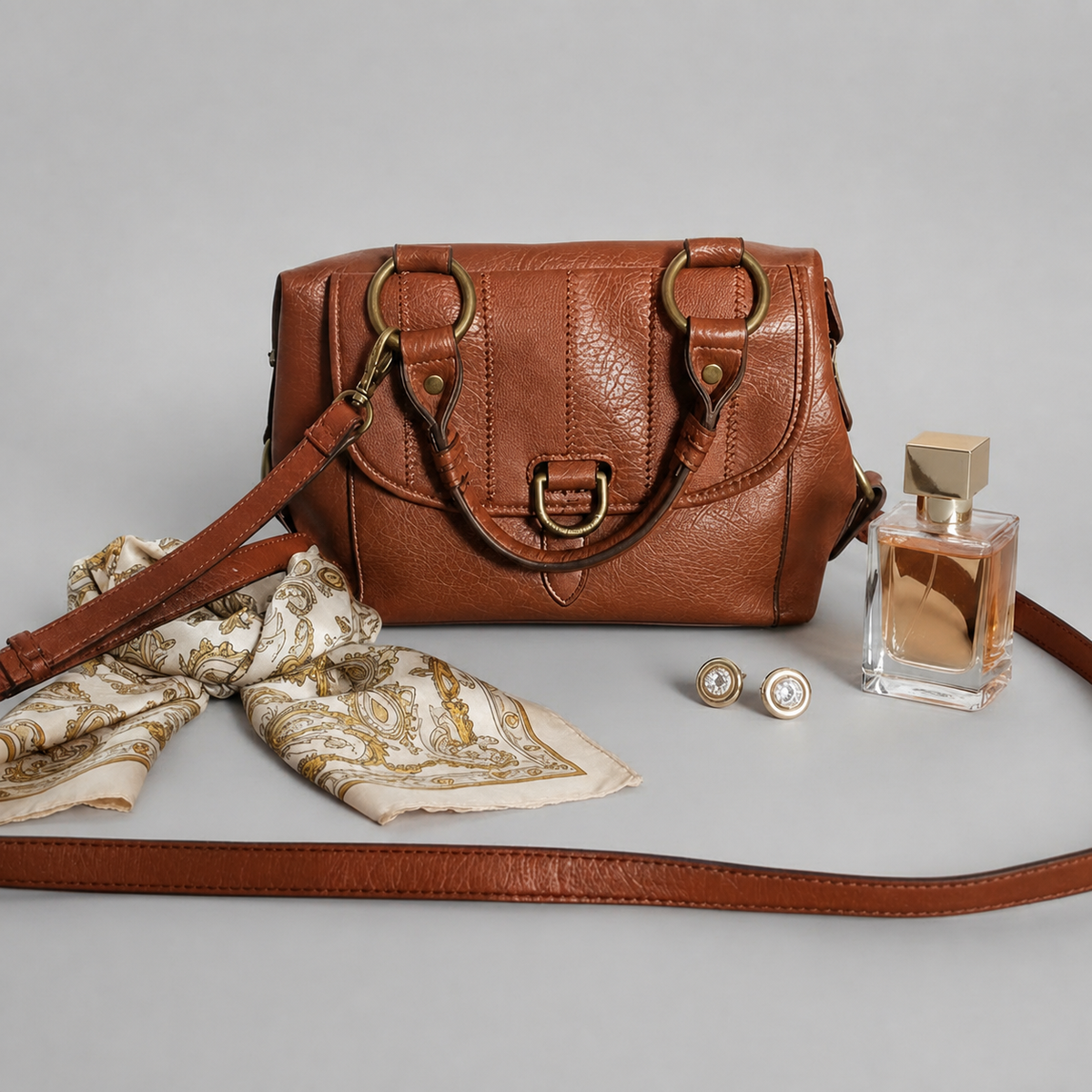 A brown leather handbag with gold-tone hardware, styled with a matching patterned scarf, a perfume bottle, and a pair of earrings on a light gray background.