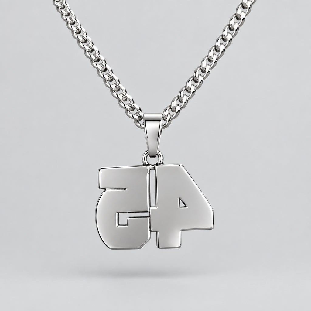 A silver-toned chain necklace with a chunky pendant shaped like the numbers '24', displayed on a black velvet jewelry bust.