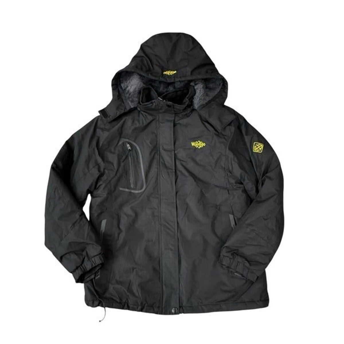 Black jacket with yellow logos on a white background