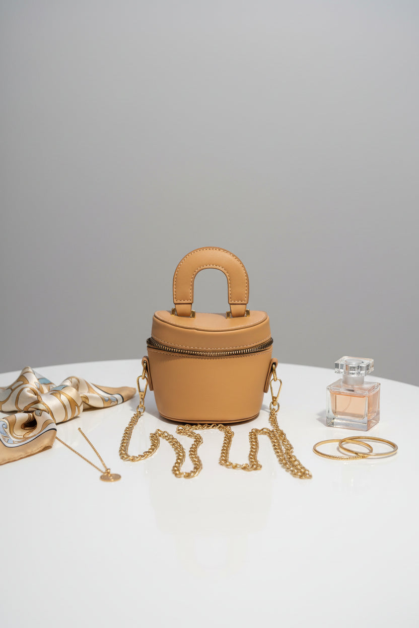 Beige handbag with gold chain on a textured surface