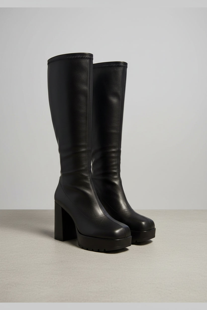 Pair of black leather boots on a carpeted floor with a blurred background