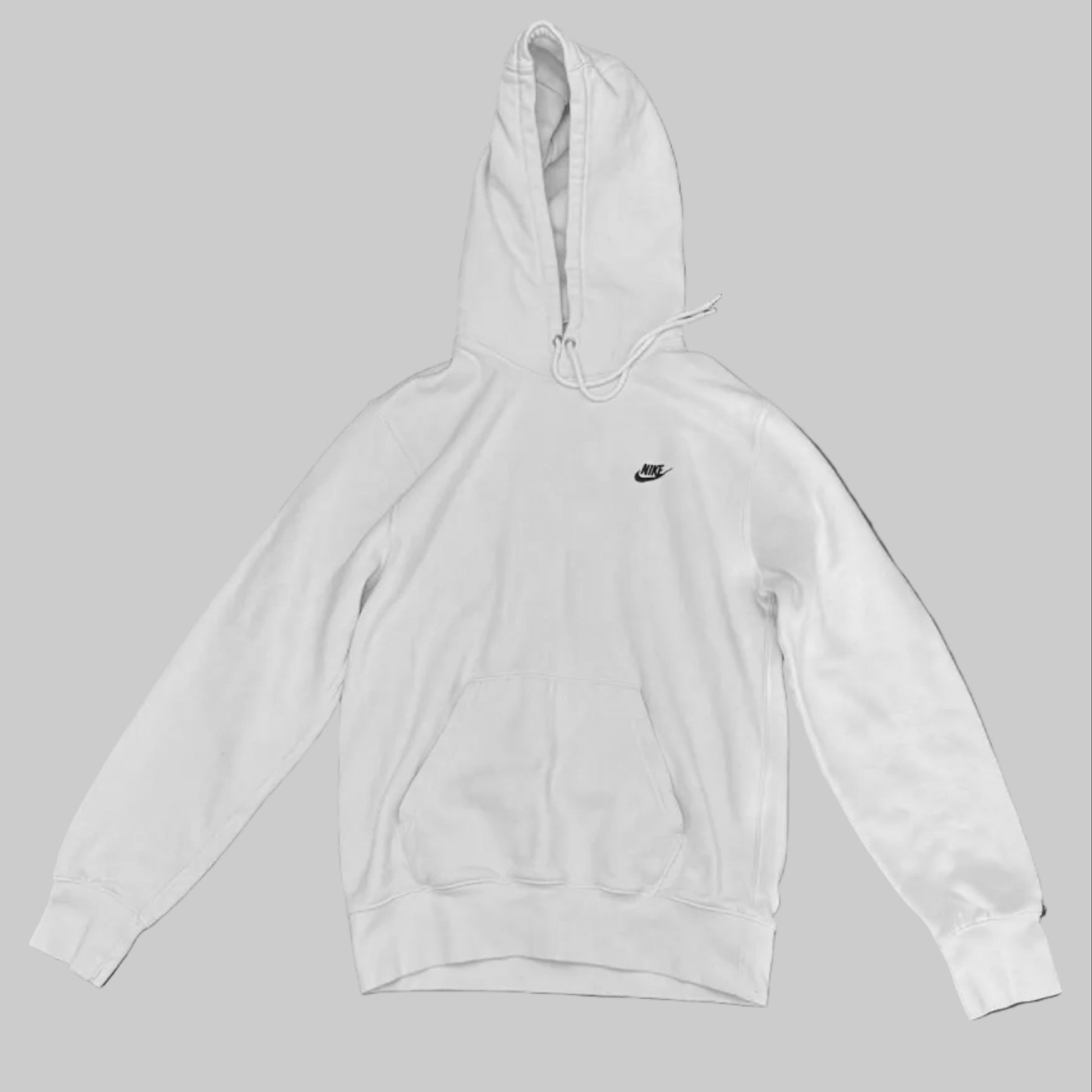 A white Nike pullover hoodie with a small black Swoosh logo on the left chest, displayed flat against a solid gray background.