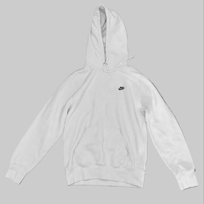 A white Nike pullover hoodie with a small black Swoosh logo on the left chest, displayed flat against a solid gray background.