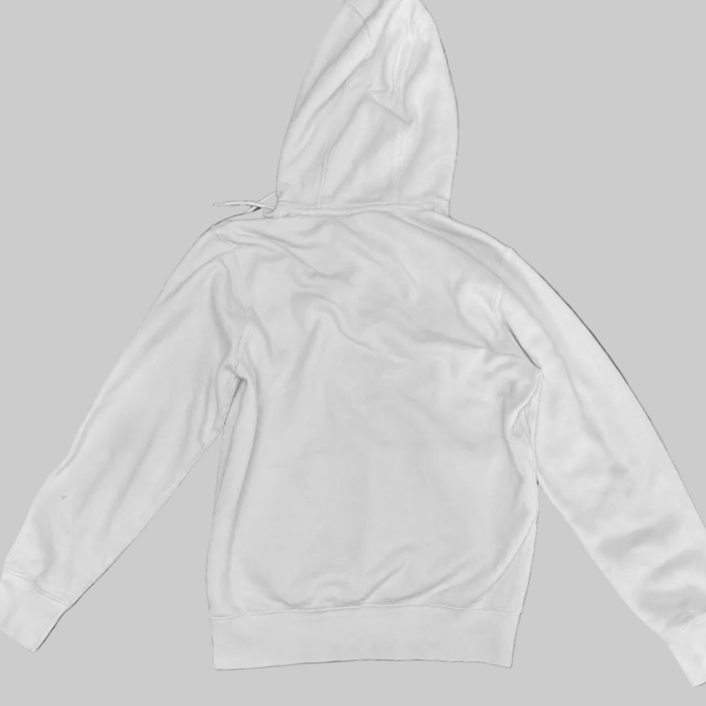 A plain white long-sleeve hoodie shown from the back, laid flat against a solid gray background.