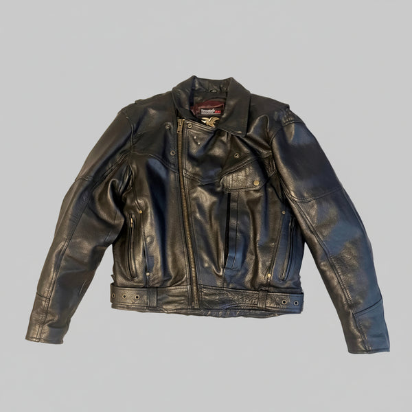 Black leather jacket on a textured gray surface