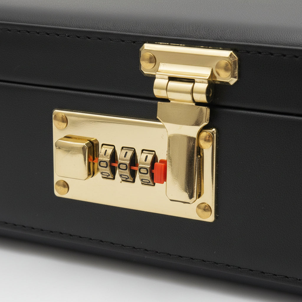 Close-up of a black leather or faux-leather case with a shiny gold-tone combination lock and latch, resting on a wooden surface.