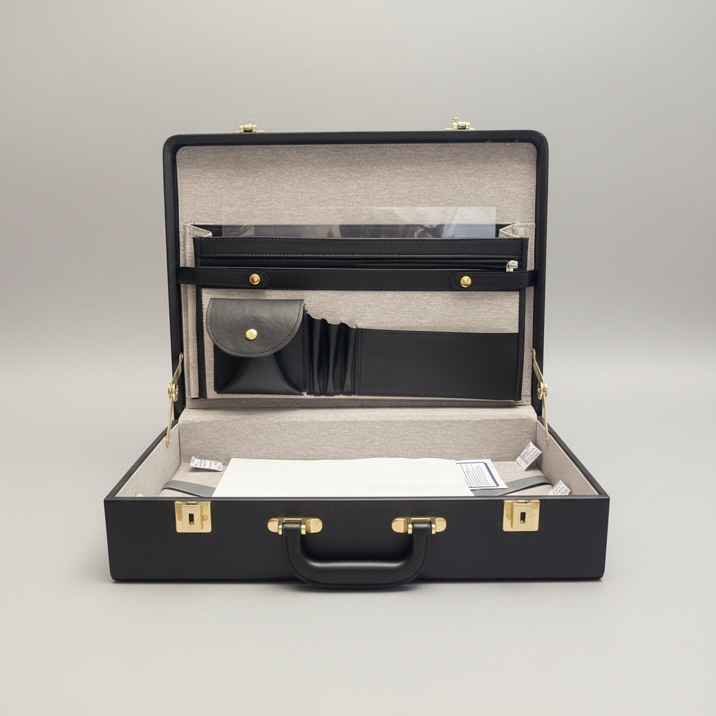 A black leather accessory organizer case shown open, revealing a beige interior organizer with black straps, a small black pouch with a gold snap, and a white paper insert at the bottom.