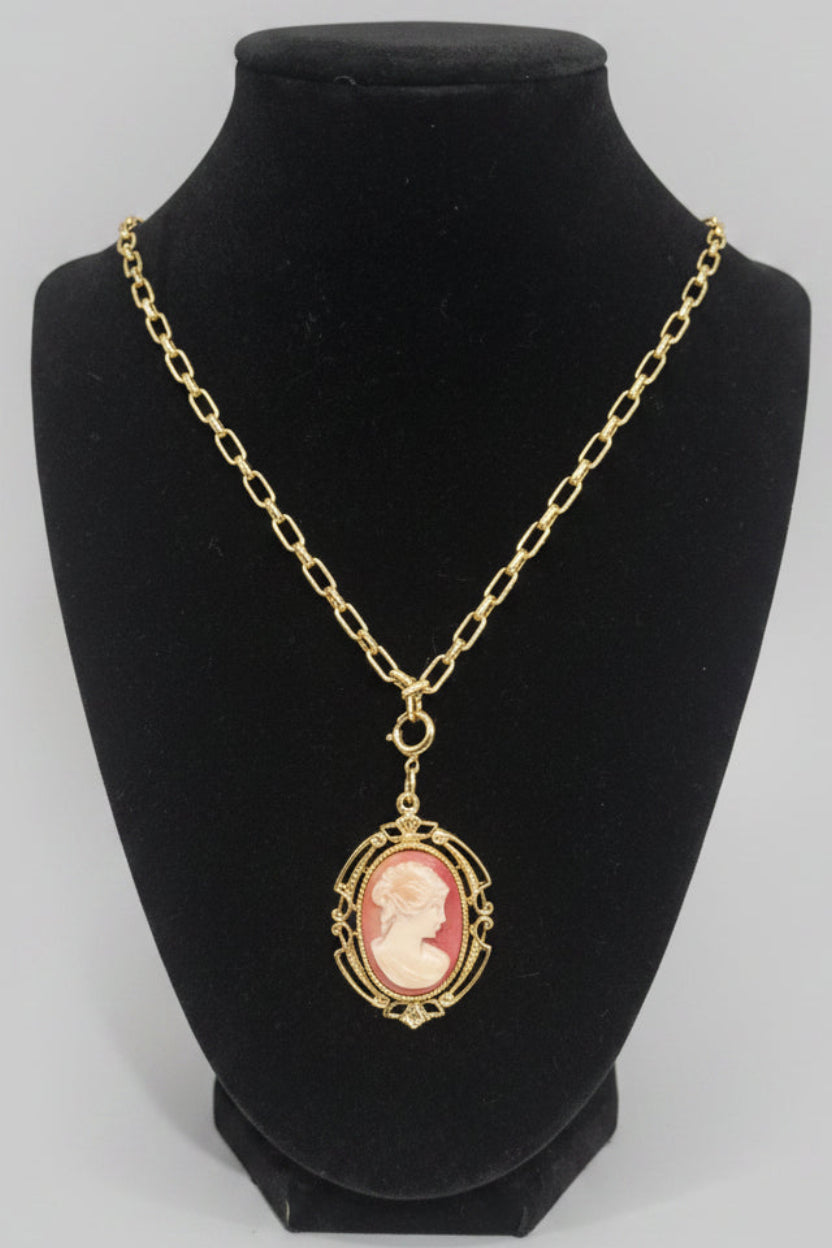 A gold chain necklace with an oval pendant featuring a pink and white cameo-style portrait, displayed on a black velvet jewelry bust against a light gray background.