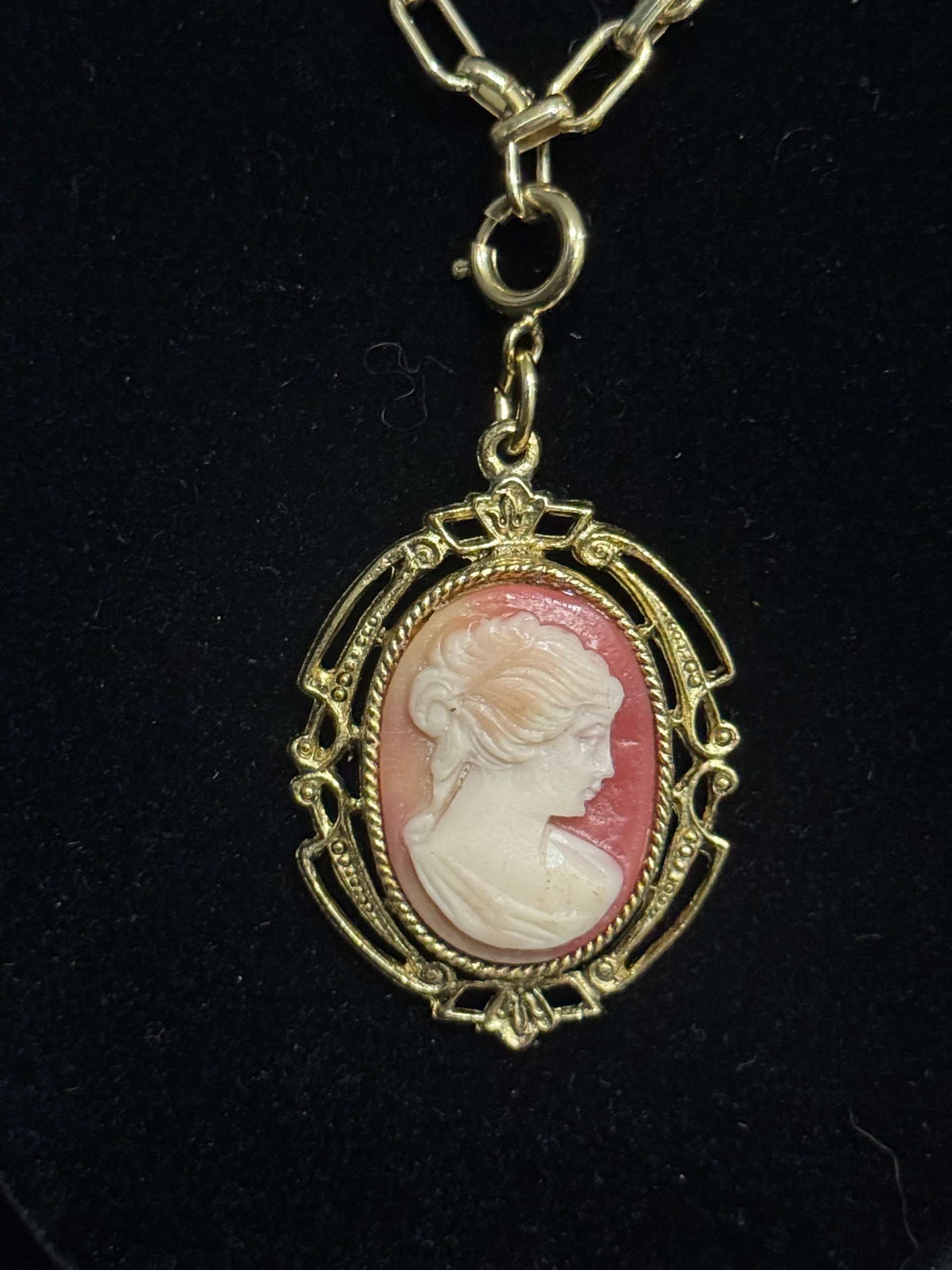 A vintage-style gold pendant necklace featuring a carved pink and cream cameo profile on an ornate gold frame, shown against a black background.