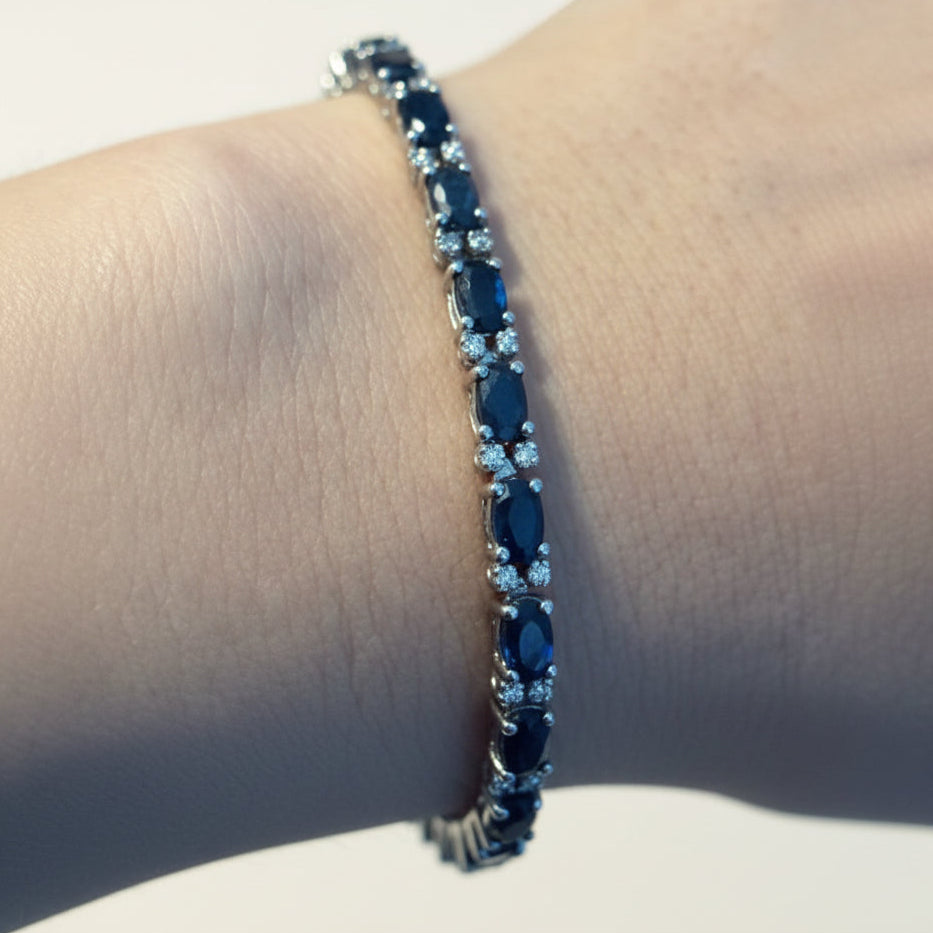 Vintage Macy's Natural Sapphire and Diamond Tennis Bracelet in 925 Sterling Silver (7 Inches)