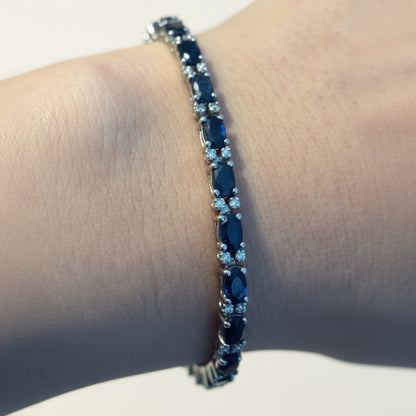 Vintage Macy's Natural Sapphire and Diamond Tennis Bracelet in 925 Sterling Silver (7 Inches)